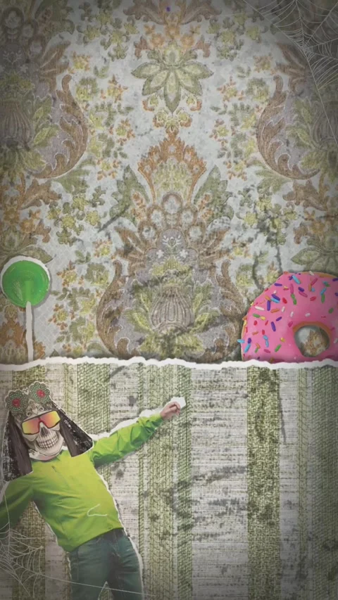 Vertical Halloween Animated Scene with Skeleton in Green Jacket, Donut, Lollipop Stock Footage 316764286