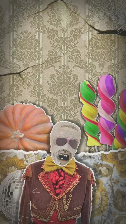 Vertical Halloween Animated Scene with Skeleton in Suit, Candy Canes, Pumpkin Stock Footage 316764306