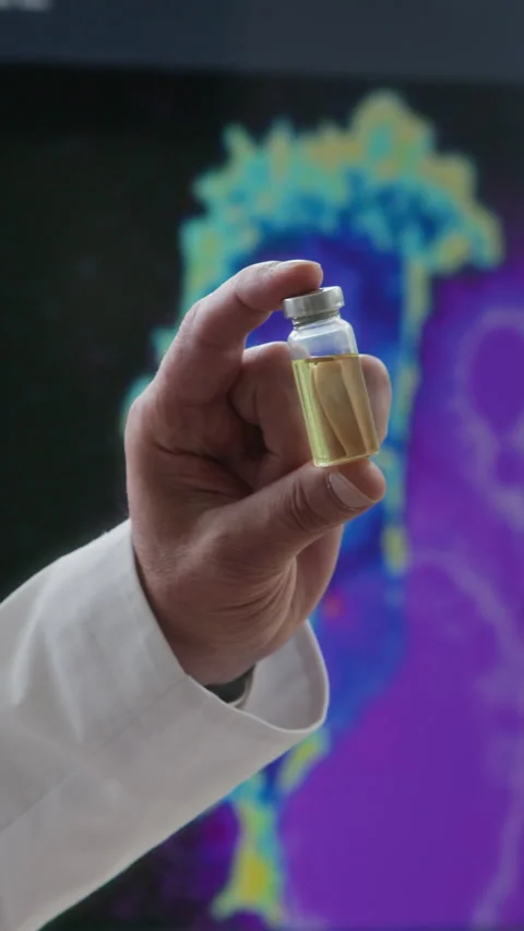 Vertical of Hand Demonstrating Vial with Targeted Therapy Medication Stock Footage 317981335
