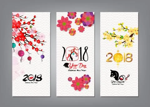 Vertical Hand Drawn Banners Set with Chinese New Year 2018 (hieroglyph: Dog) Stock Illustration