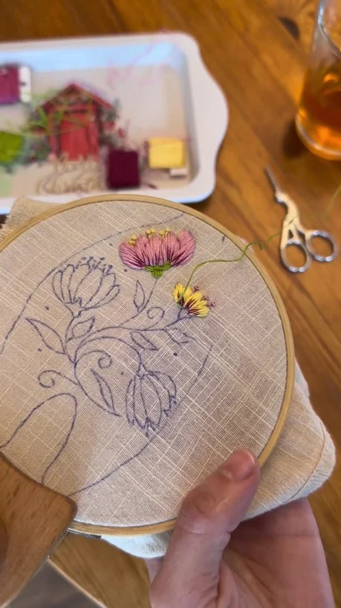 Vertical hand embroidery process, aesthetic DIY craft for social media Stock Footage 340917794