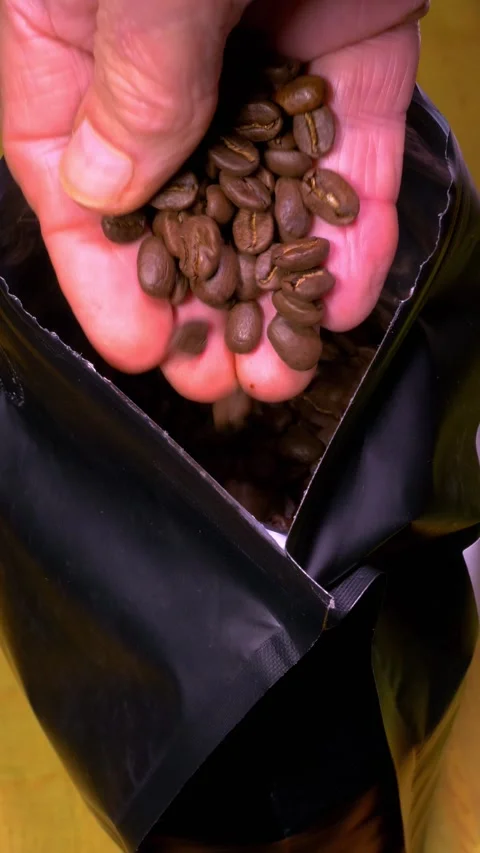 Vertical - A hand lifting out some coffee beans from a fresh pack to look at. Video stock 291873599