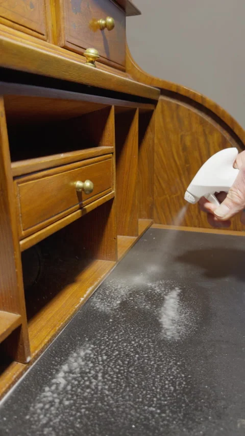 Vertical - A hand spraying cleaning fluid onto a dusty, dirty wooden desk. Stock Footage 295921928
