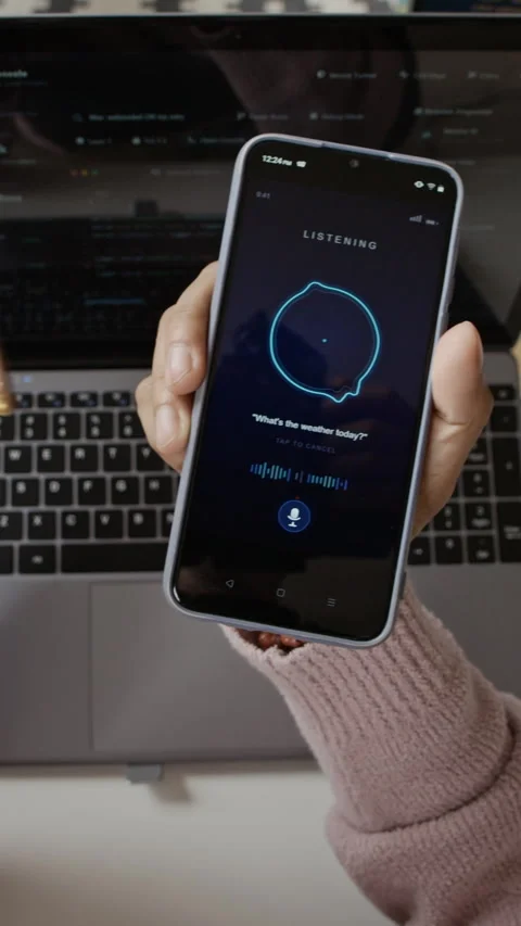 Vertical of Hand of Worker Using Ai Voice Assistant App on Smartphone in Office Stock Footage 337481761