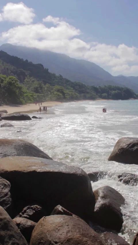 Vertical handheld shot of a beach in Trindade, near Paraty, Rio de Janeiro state Stock Footage 155609631