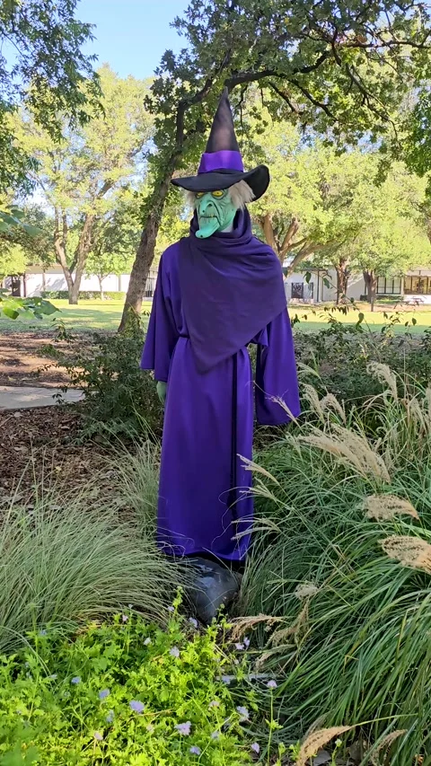 Vertical handheld video of a Warlock Halloween decoration in Denton, Texas Stock Footage 319994454