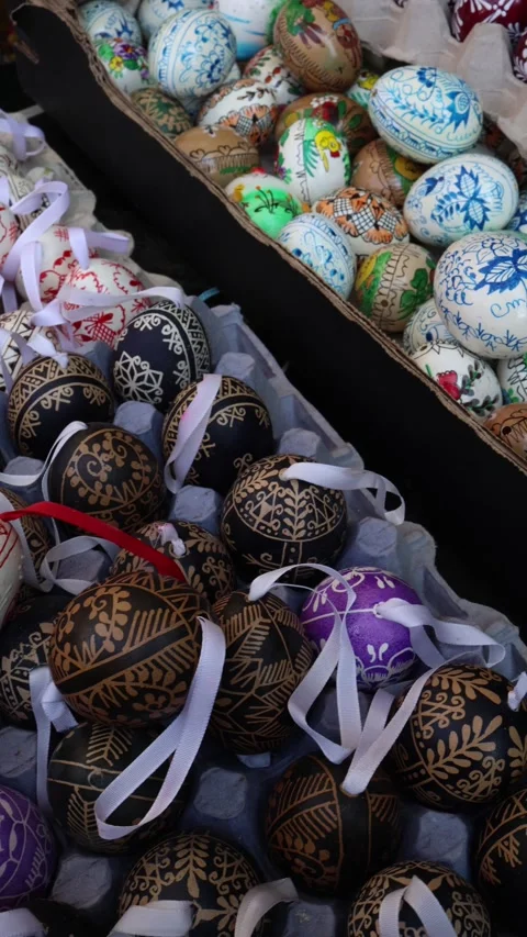 Vertical handmade Easter eggs display Stock Footage 331812083