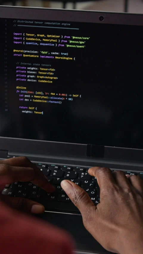 Vertical of Hands of Anonymous Black Programmer Typing Code on Laptop Keyboard Stock-Footage 336707936