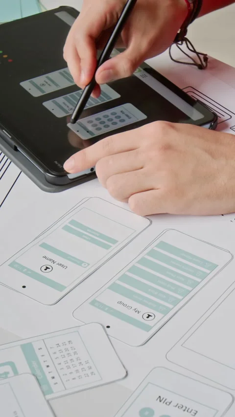 Vertical Hands of Anonymous UX Designer Choosing Wireframes on Tablet Stock Footage 327896383