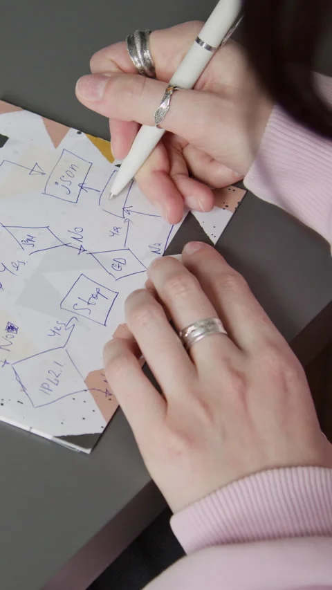 Vertical Hands of Female Software Architect Drawing Block Scheme for Project Stock Footage 335936542