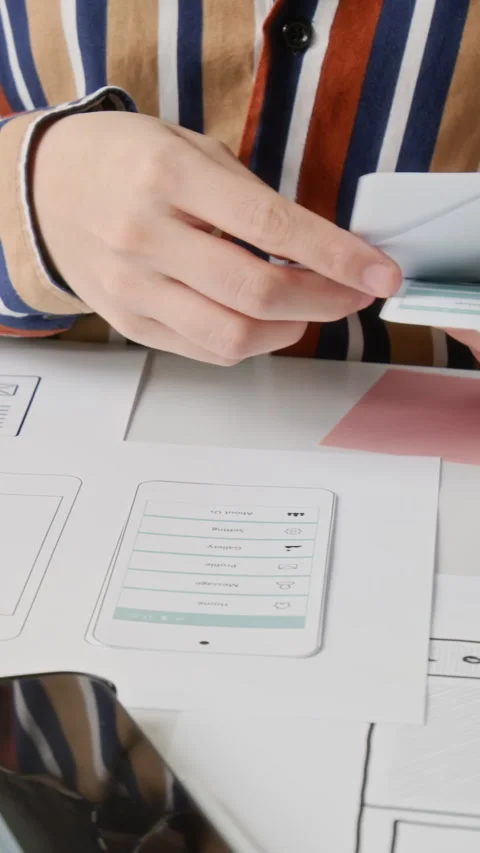 Vertical of Hands of Female UI Designer Arranging Wireframes on Desk Stock Footage 327898099