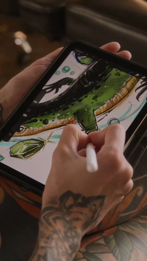 Vertical of Hands of Talented Illustrator Drawing Digital Sketch on Tablet Stock Footage 321925510
