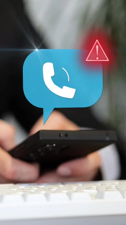 Vertical of Hands typing on smartphone with phishing alert warning and incoming Stock Footage 336284534
