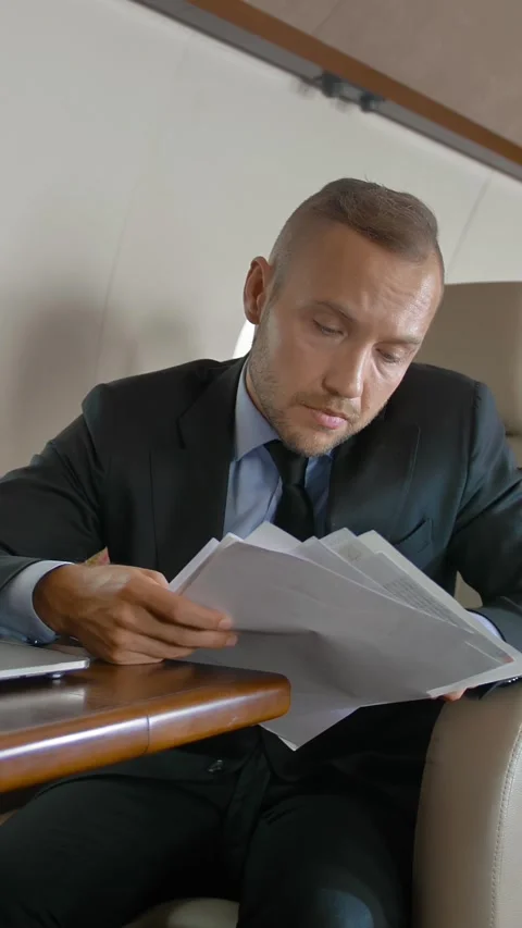 Vertical of Handsome businessman working with docs and notebook in private jet Stock Footage 277282581