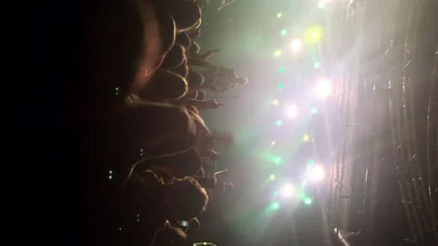 Vertical: happy crowd dance and jumping in front of the stage at live concert Video stock 231510026