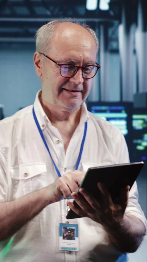 Vertical Happy scientist optimizes data center Stock Footage 247625213