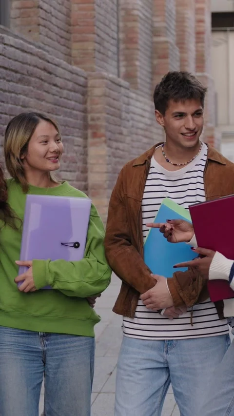 Vertical. Happy students gathered together standing speaking quietly on Stock Footage 315880866