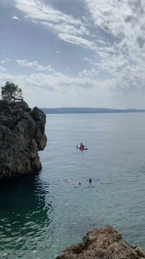 Vertical HD - Iconic Brela Rock Pine Tree Adriatic Sea Waves Brela Croatia Stock Footage 345278079