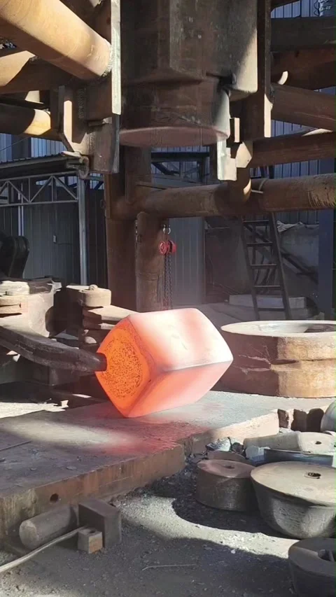 Vertical Heavy Industrial Forging Hammer Striking Red Hot Metal with Audio Stock Footage 327102298