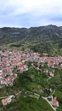 Vertical High Angle Aerial View of Arachova Mountain Town Greece Fotos de archivo