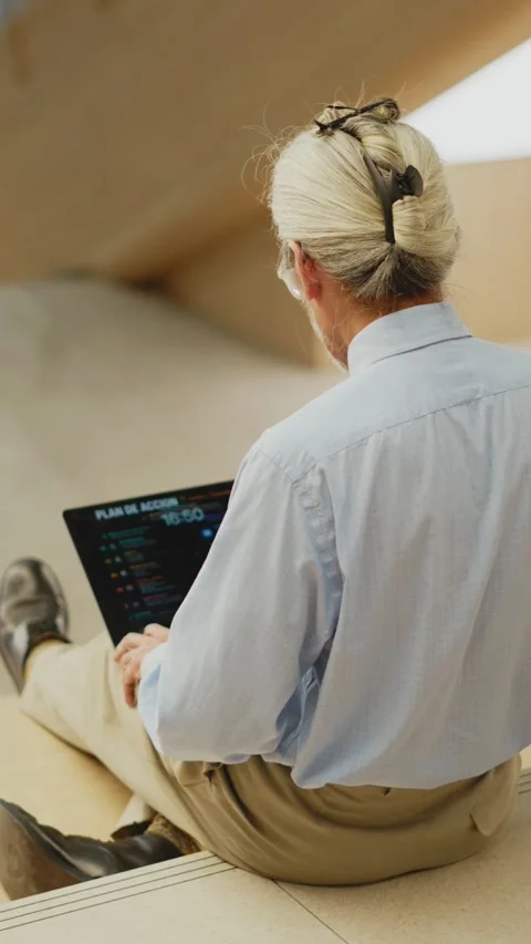 Vertical high angle rear view of senior man typing on laptop in mall atrium 動画素材 347853053