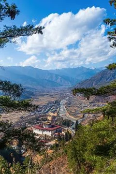 A vertical high angle shot of Paro Dzong, The National Museum of Bhutan with  Stock Photos