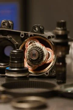 Vertical High Angle View of Brose E-Bike Motor with Exposed Gearbox in Workshop Foto stock