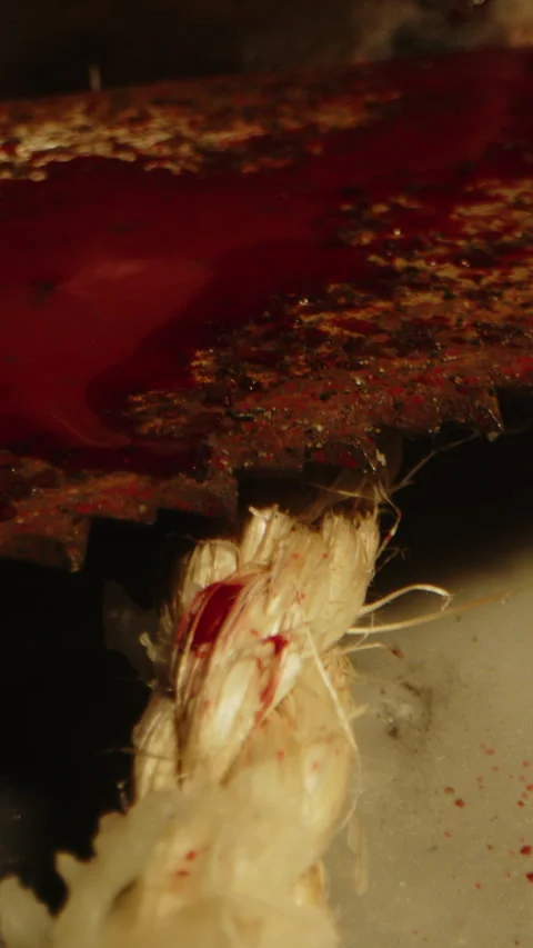 Vertical Horror concept: Macro dolly out of a blood covered saw surrounded by Stock Footage 336371085