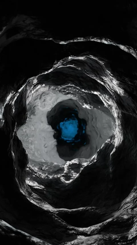 Vertical horror tunnel with blue light at the end camera flythrough Stock Footage 254712286