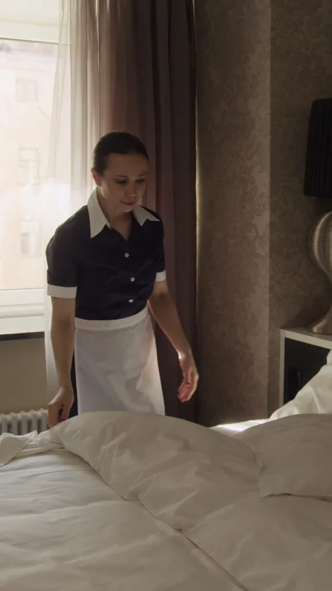 Vertical of Housekeeper Opening Curtains and Making Bed in Hotel Room Stock Footage 336070341