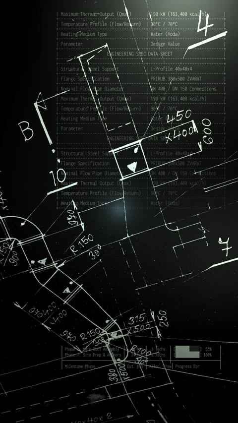 Vertical HUD Engineering Data Screen with CAD Blueprint and Bill of Materials Stock Footage 342018675