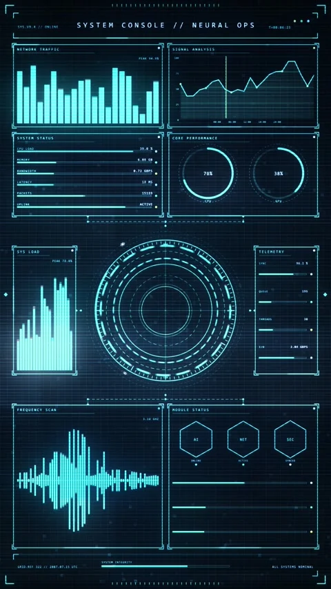Vertical HUD System Console UI with Glowing Cyan Data Charts and Glitch Stock Footage 341677057