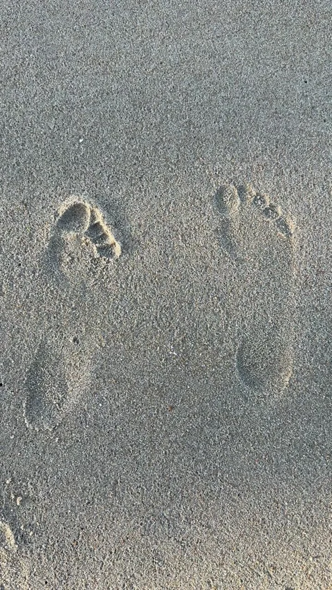 Vertical Human Footprints on Sandy Beach Under Bright Sunlight Stock Footage 330705244