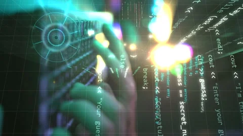 Vertical human hands typing on keyboard writing code language web template c Stock Footage 237025337