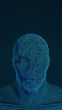 Vertical humanoid figure composed of binary code on a dark gradient backgro.. Stock Photos