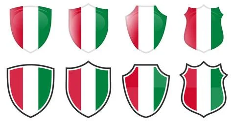 Vertical Hungary flag in shield shape, four 3d and simple versions. Hungar... Stock Photos