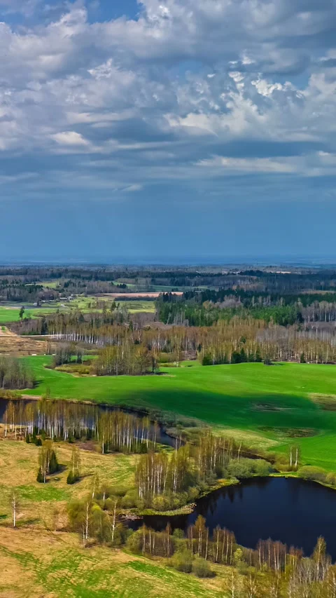 Vertical Hyperlapse of Green Spring Fields and Countryside Pond Stock Footage 345435106