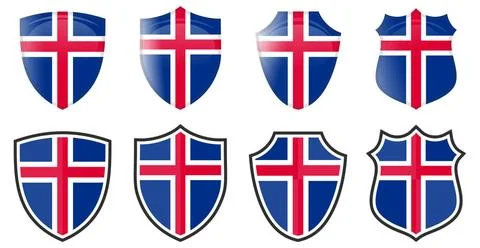 Vertical Iceland flag in shield shape, four 3d and simple versions. Icelan... Stock Photos