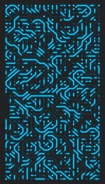 Vertical illustation of a printed circuit board in blue on a dark background. Stockillustratie