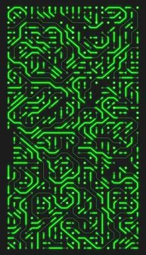 Vertical illustation of a printed circuit board in green on a dark background. Stockillustratie