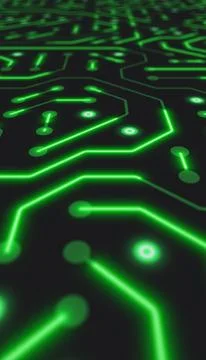 Vertical illustation of a printed circuit board in green on a dark background Stockillustratie