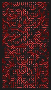 Vertical illustation of a printed circuit board in red on a dark background. Stock-Illustration