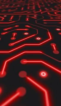 Vertical illustation of a printed circuit board in red on a dark background. Stock-Illustration