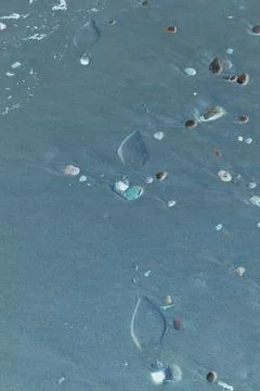 A vertical illustration of a blue sand pattern with random colorful stones an Stock Photos