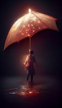 Vertical illustration of a fiery person holding a huge umbrella leaving a trail Stock Illustration