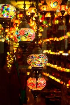 Vertical Image of Arabian Style Multi-color Mosaic Hanging Lamps Stock Photos