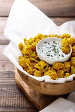 Vertical image of baked crispy cauliflower in wooden bowl on wooden backgroun Foto stock