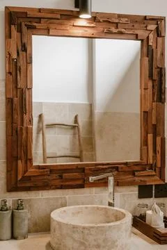 Vertical image of a bathroom interior design made with natural elements lik.. Stock Photos