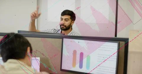 Vertical image: Bearded man waving then typing, overlaying lines on business Stock Photos