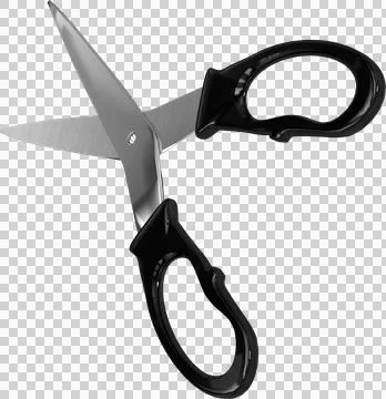 Vertical image of black handled scissors with blades open to cut Foto stock